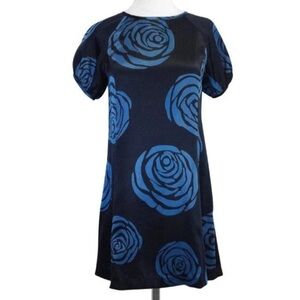 MARC JACOBS Rose Print Velvet Puff Sleeve Mini Dress in Black and Blue Sz. 6